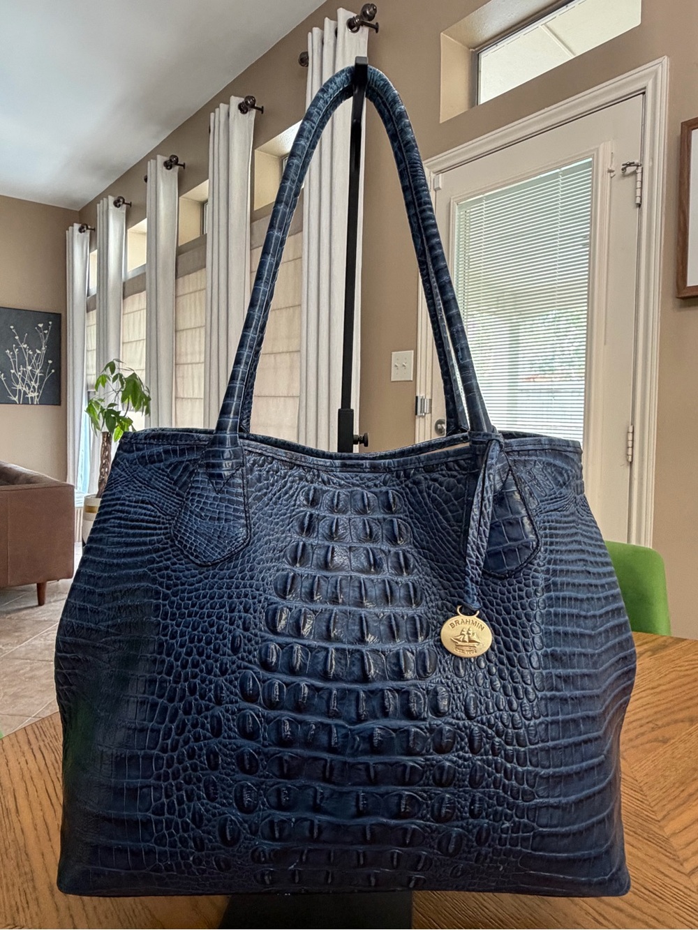 Brahmin Dark Blue Croc-Embossed Leather Tote